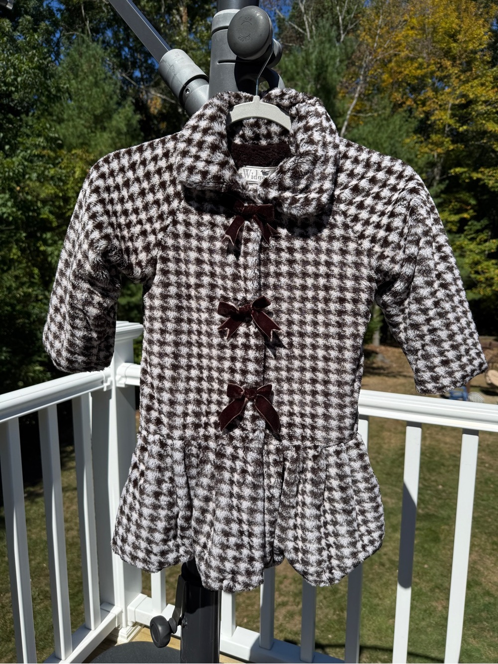 Girls Brown & White Houndstooth Peacoat with Velvet Bows